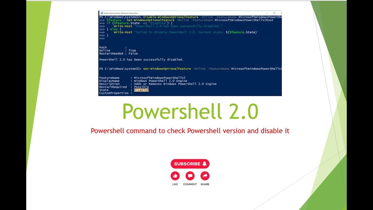 Powershell2.0 || command to check status of Powershell2.0 || Command to disable Powershell 2.0