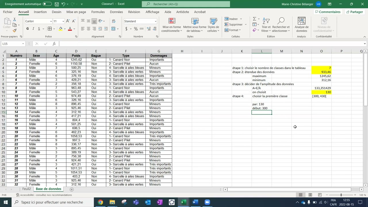 3-  Tableau de distribution de fréquences (quantitative continue et Sturges)