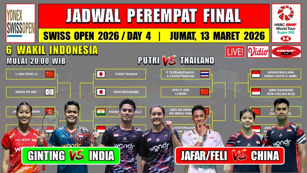 Jadwal 8 Besar Swiss Open 2026 Hari Ini ~ GINTING vs INDIA ~ JAFAR/FELI vs CHINA ~ 6 Wakil INDONESIA