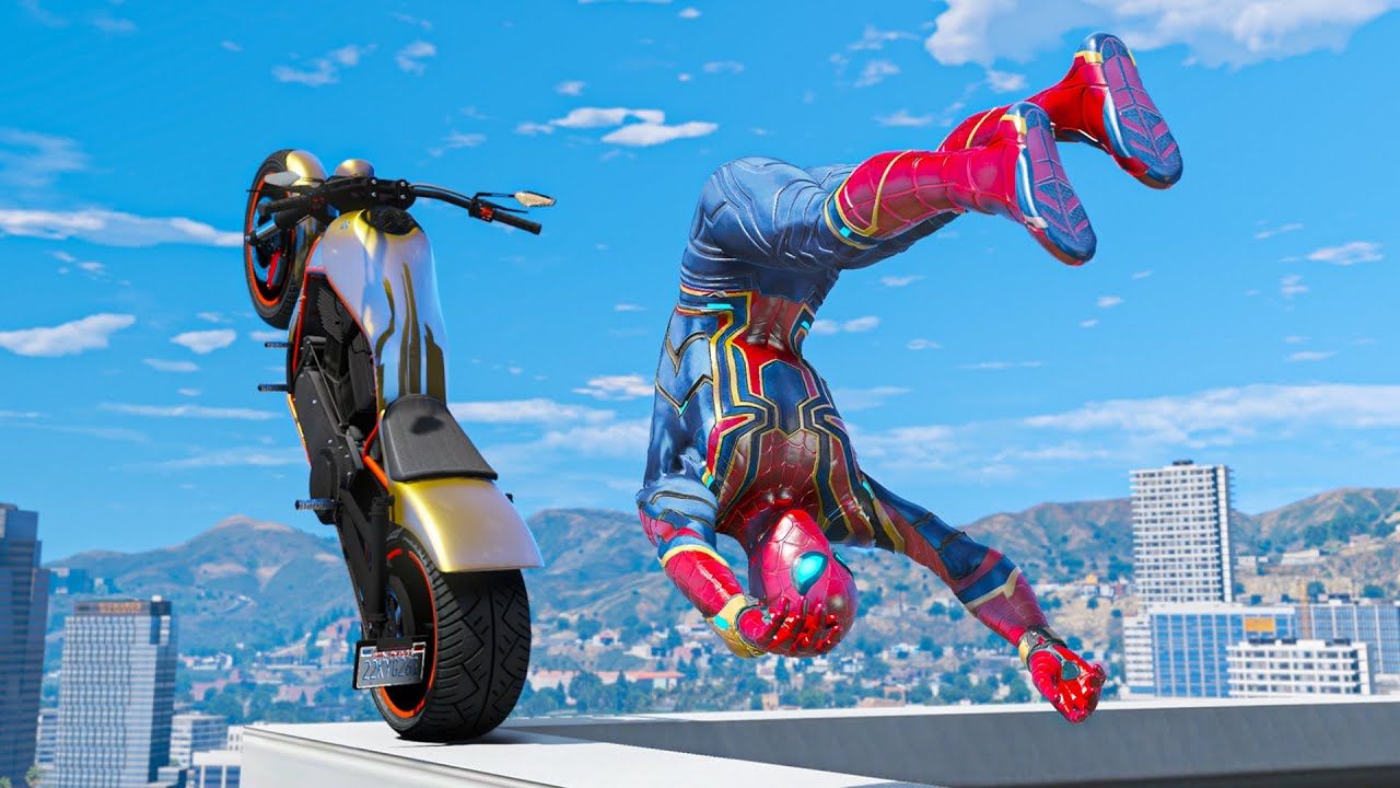 GTA 5 Iron Spiderman Motorcycle Epic Jump Stunts Fails Ragdolls #7  (Euphoria Ragdolls)