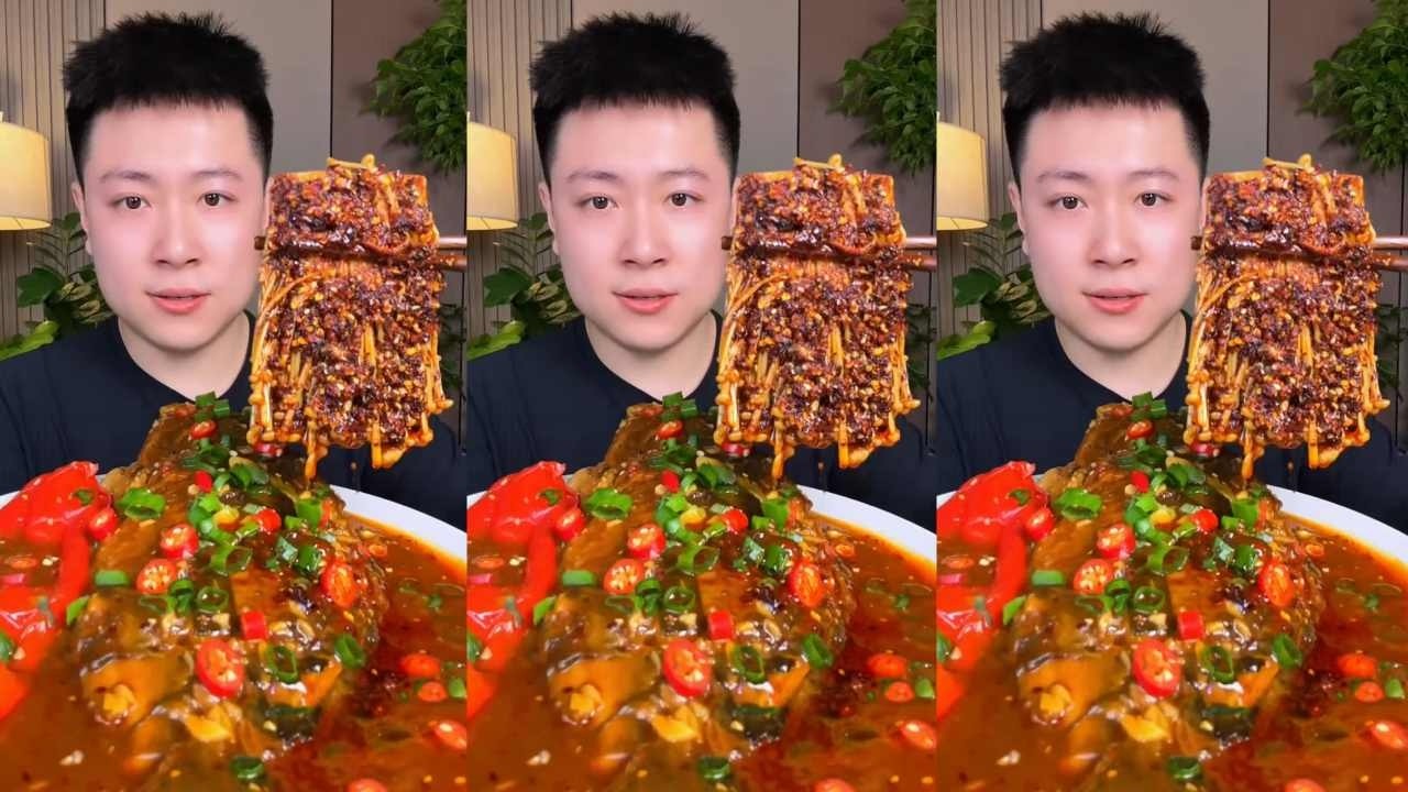 Immersive experience of eating braised carp with enoki mushrooms
