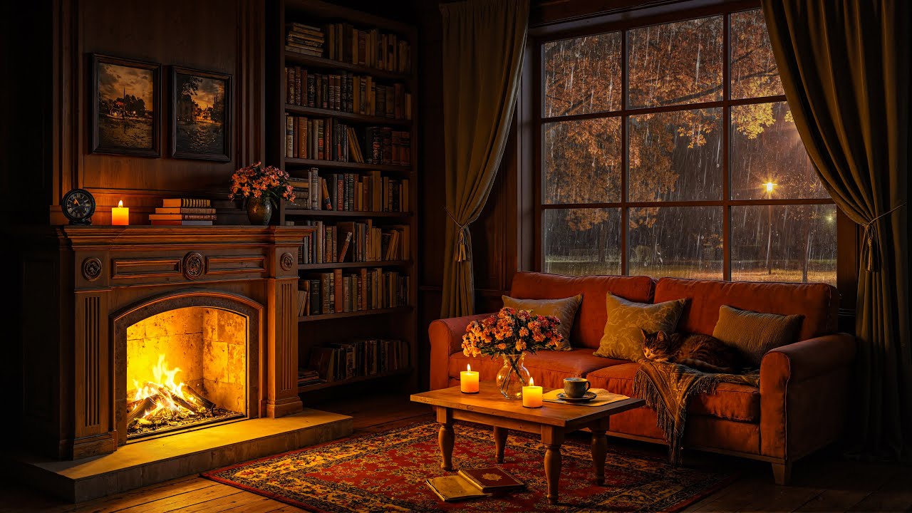 Autumn Jazz by the Fireplace 🍁 Cozy Living Room Ambience with Rainy Night & Relaxing Music