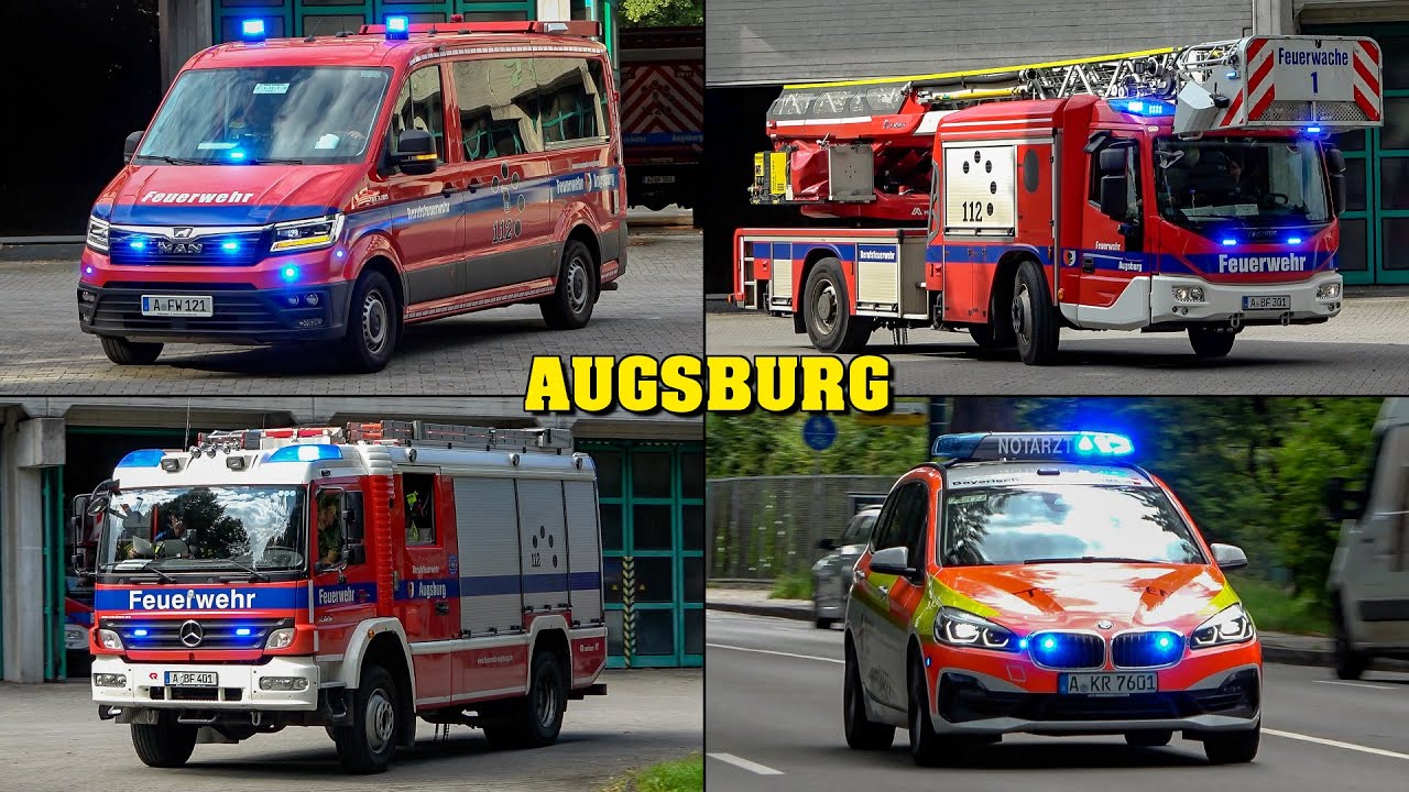 [Ein FILMTAG in AUGSBURG] - 8 Einsätze für die BERUFSFEUERWEHR | Alarmfahrten Löschzug & mehr!