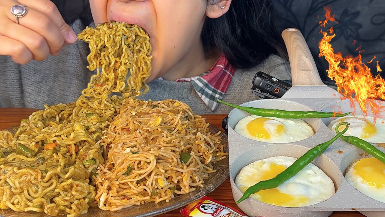 Eating maggi & chowmein with fried eggs 🥰