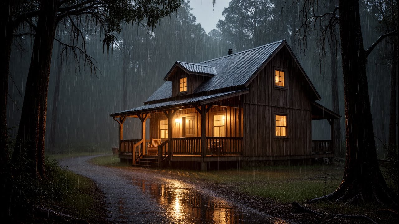 Heavy Rain & Thunderstorm Ambience | Misty Haven Ambience | Cozy Forest Cabin Rain Sounds for Sleep