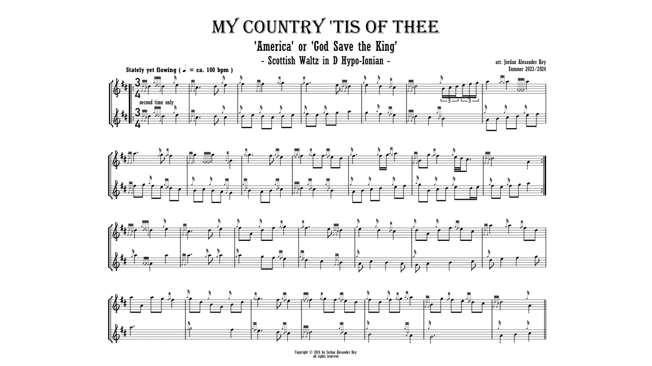 USA Tunes in Scottish Styles: HARMONIZED Waltz on 'My Country Tis of Thee' for bagpipe duo (JA Key)