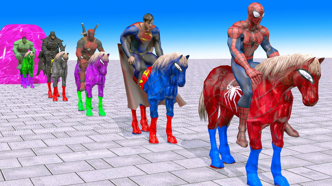 Red HORSE SPIDERMAN Crossing On RAINBOW FOUNTAIN Bridge With Horse Superheroes Rescue Animals Game