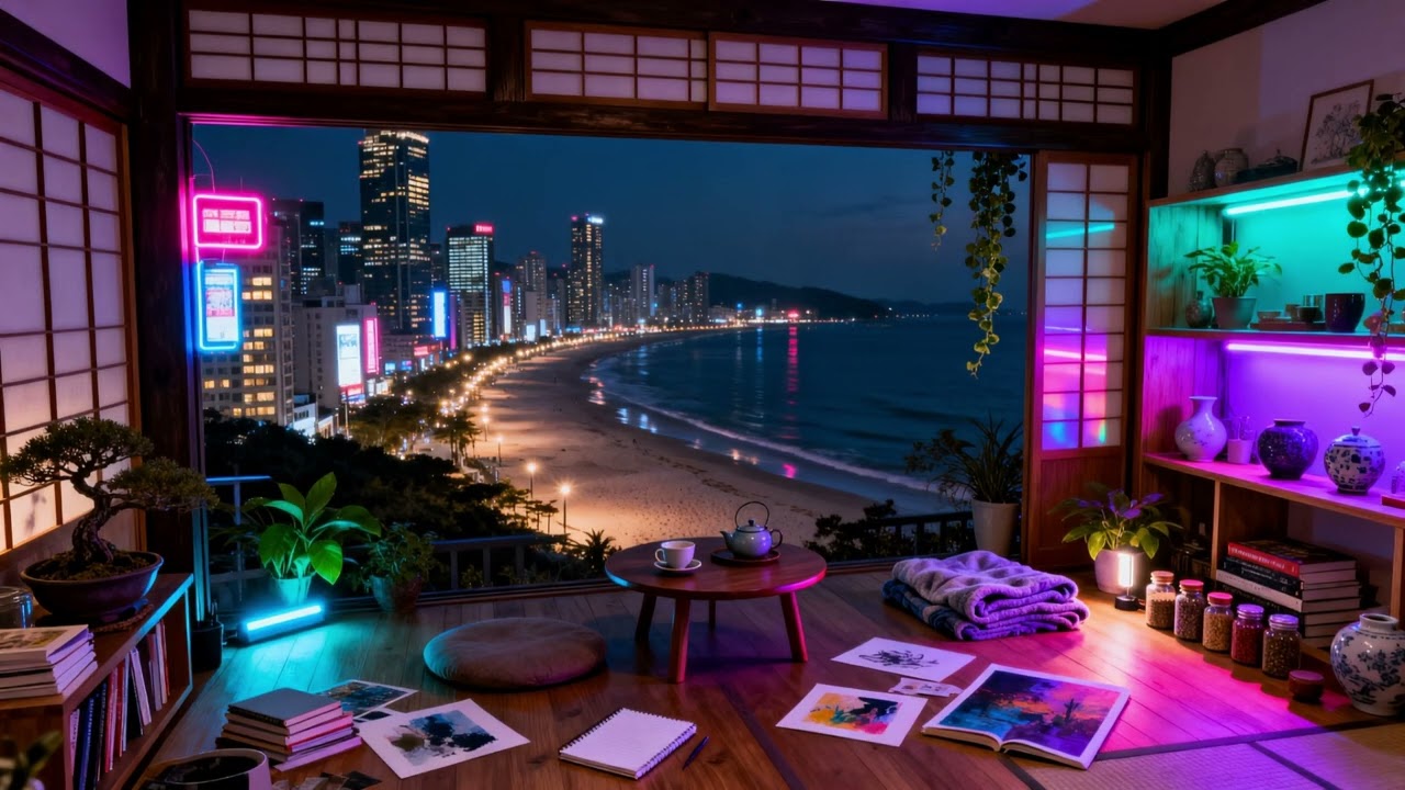🎵 Japanese Loft at Night &bull; Neon Oceanfront Ambience with Gentle Waves for Calm Relaxation