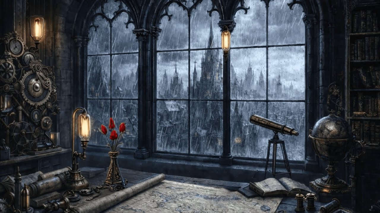 Dark Academia Ambience for Study & Focus • Steampunk Cartographer's Office on a Rainy Afternoon