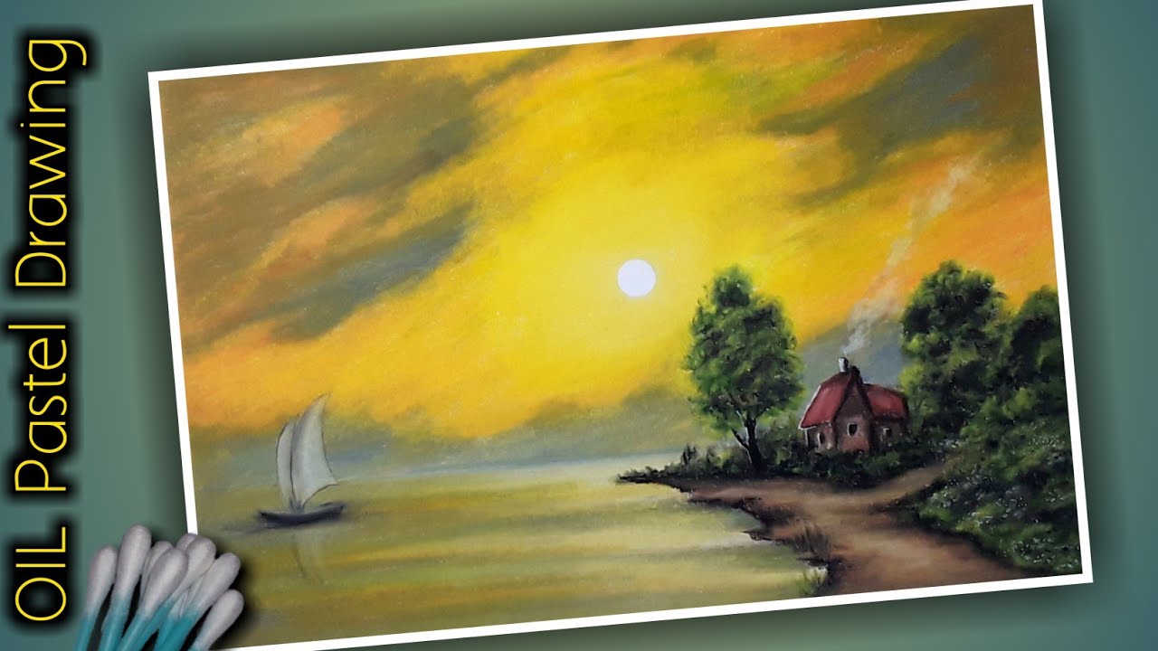 Simple Oil Pastel Sunset Landscape | Easy Sunset Drawing With Oil Pastels | Oil Pastel Drawing