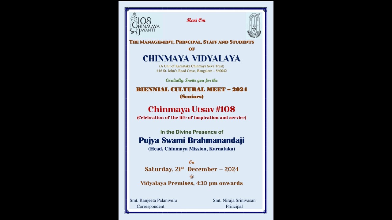 CHINMAYA VIDYALAYA,  ULSOOR|| BIENNIAL CULTURAL MEET - 2024 || CHINMAYA UTSAV #108 || SENIORS