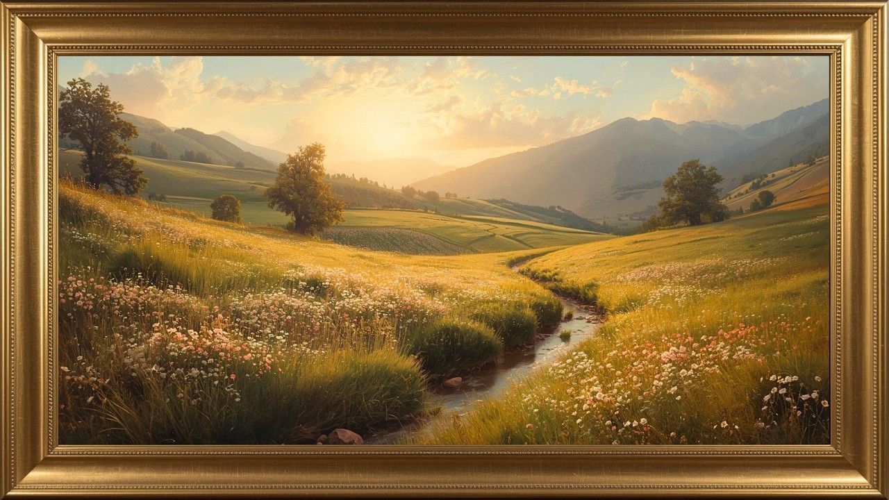 Golden Alpine Meadow Valley 4K Spring Landscape Art for Frame TV | Vintage Oil Painting Screensaver