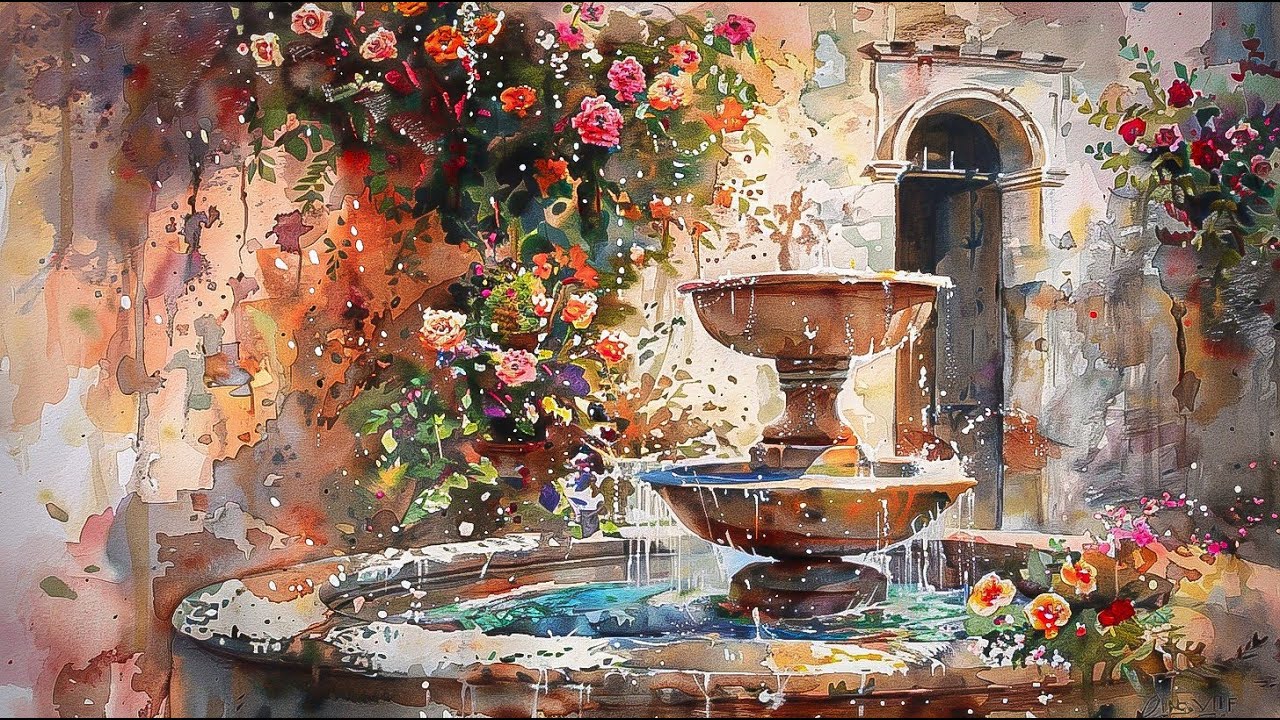 Watercolor Garden Escape | 1 Hour Relaxing Music Romantic Fountain Painting in Motion | Calm Art HD