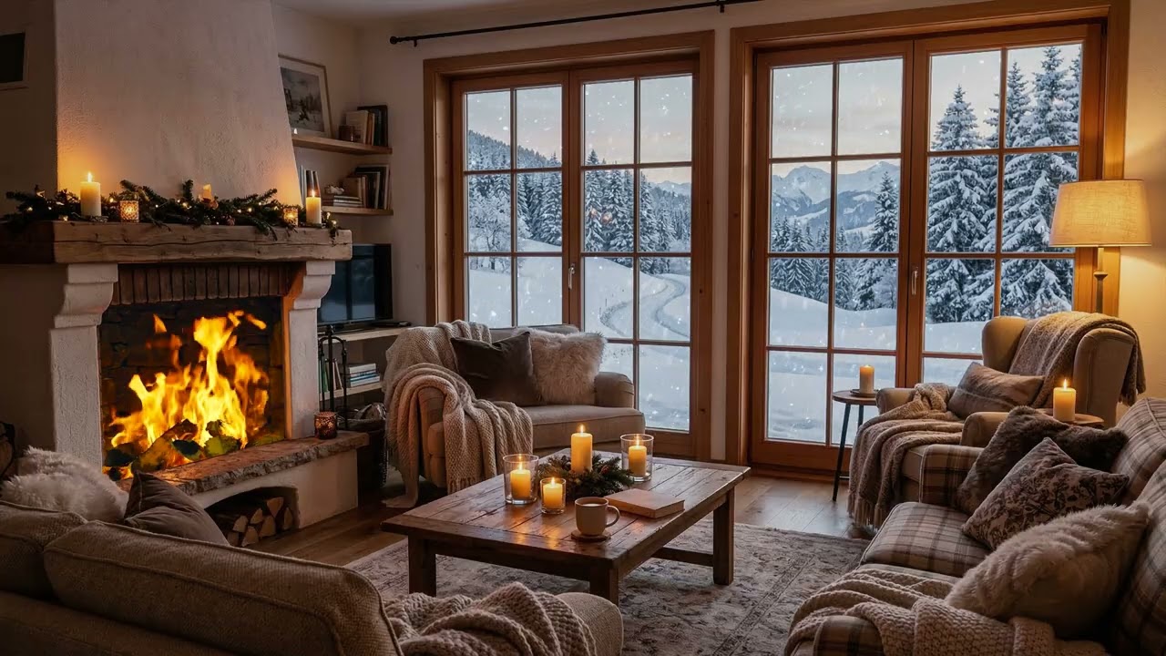 Cozy Fireplace Glow 🏡 While Silent Snow ❄️ Falls Beyond The Frosted Winter Window