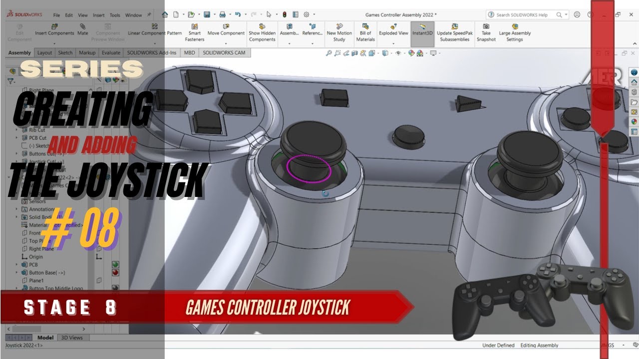 Solidworks Tutorial Sketch Shape Creating & Adding The Joystick PS & Xbox Stage#8 English-AER Int.