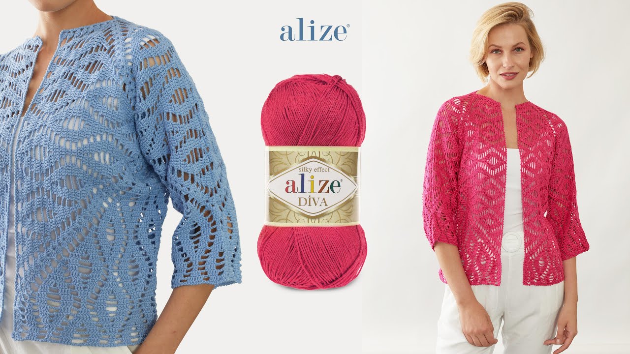 Кардиган с ромбовидным мотивом и шестиугольником с пряжей Alize Diva и Alize Cotton Gold