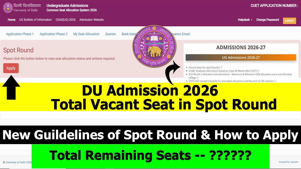 DU Admission Spot Round 1 2026 Vacant list Out | Total Seats | New Guidelines & How to Apply