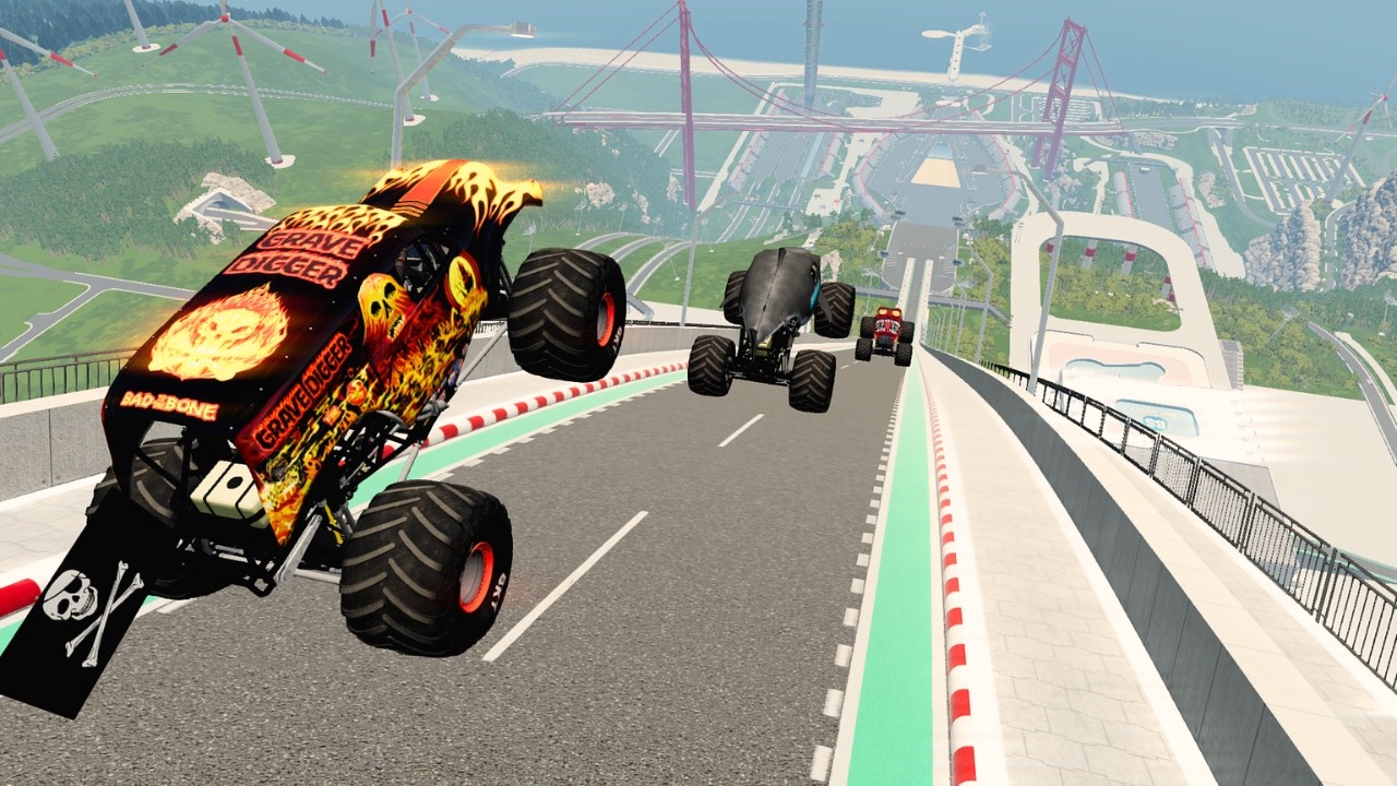 Monster Truck Mega Ramp Showdown – Grave Digger, Black Pearl & Shark High Speed Jumps | BeamNG.drive