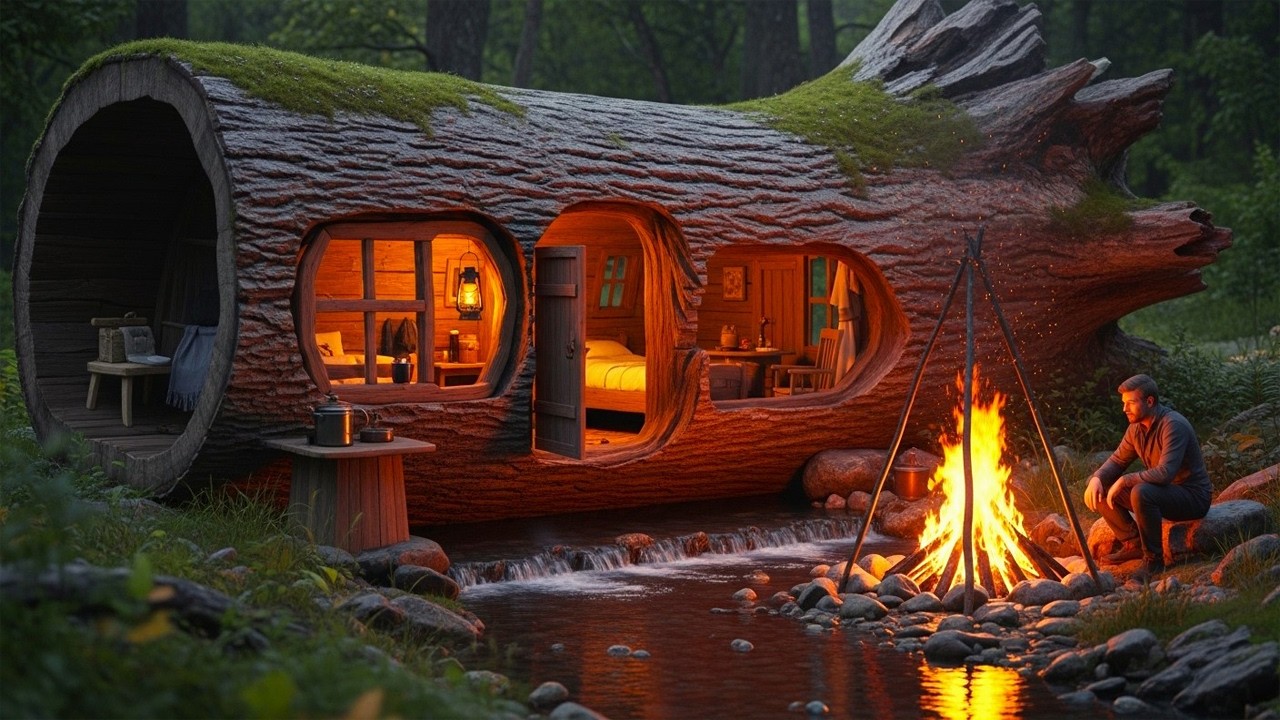 Solo Bushcraft: Creating a Cozy Hidden Shelter Inside a Huge Fallen Tree Trunk in the Forest.