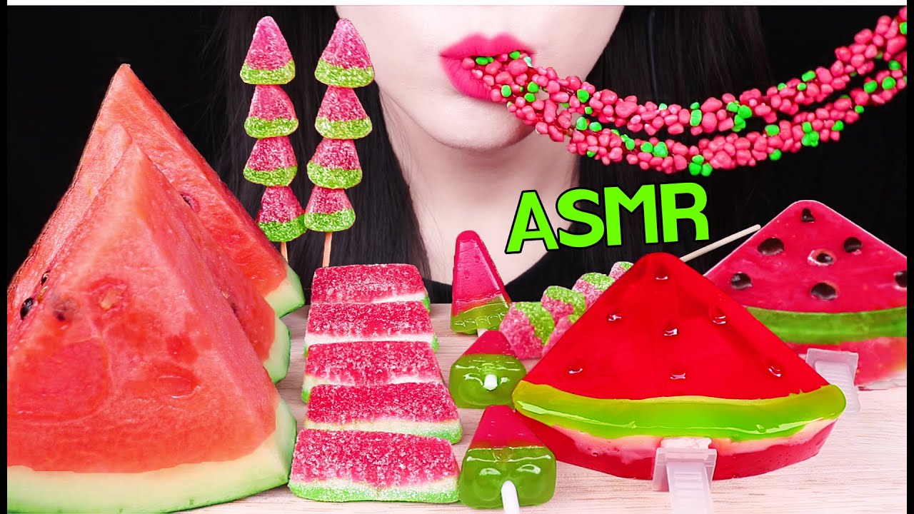 ASMR WATERMELON, ICED WATERMELON, GUMMY JELLY 수박 얼음, 수박 젤리, 수박 너드 로프젤리 먹방 EATING SOUNDS