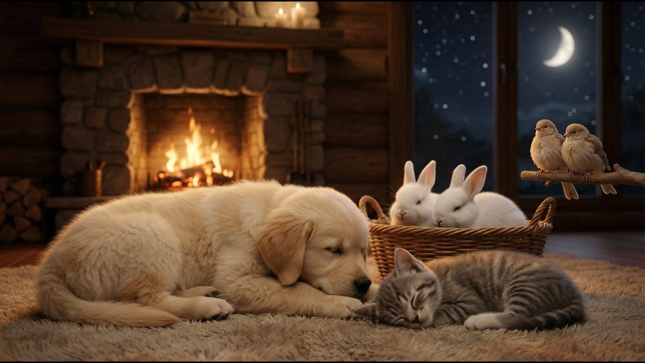 Relaxing Fireplace Night with Cute Animals 💤🔥 | Cozy Cabin Ambience for Deep Sleep (3H)