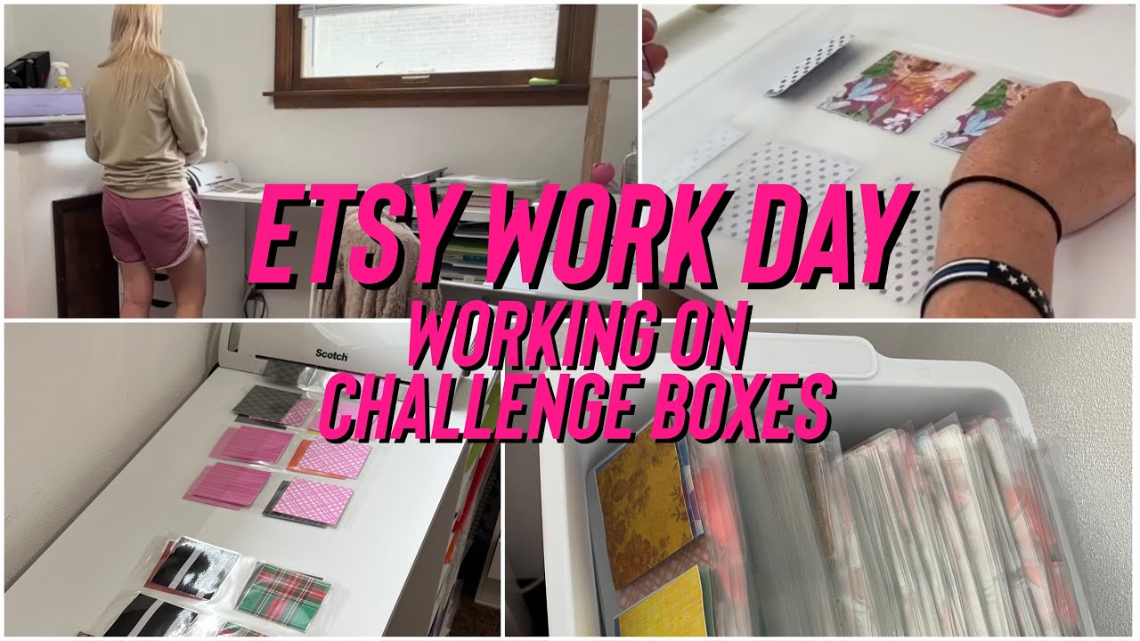 etsy work day | laminating 2400 envelopes | making tara boxes