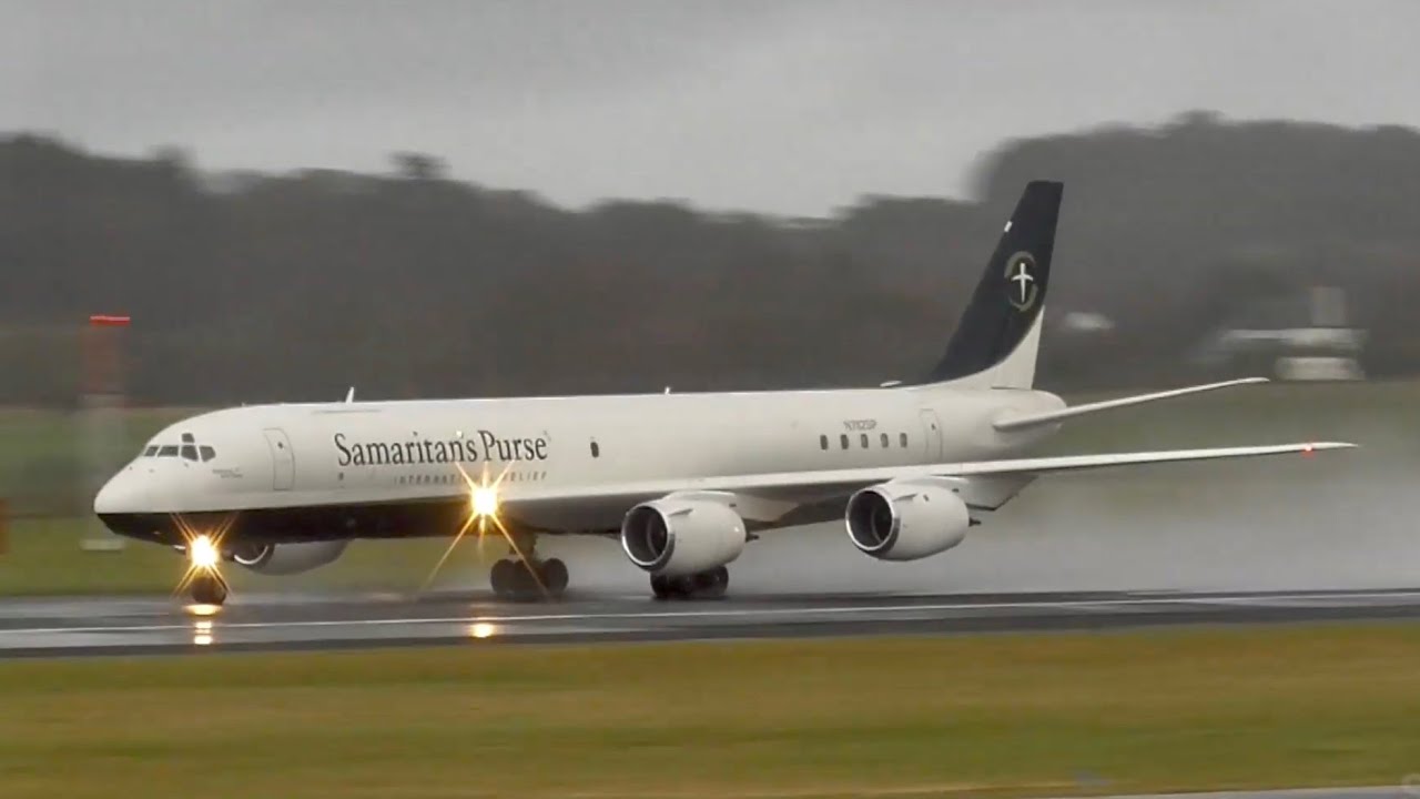 Samaritan's Purse Douglas DC-8-72CF wet takeoff from Glasgow Prestwick Airport, PIK