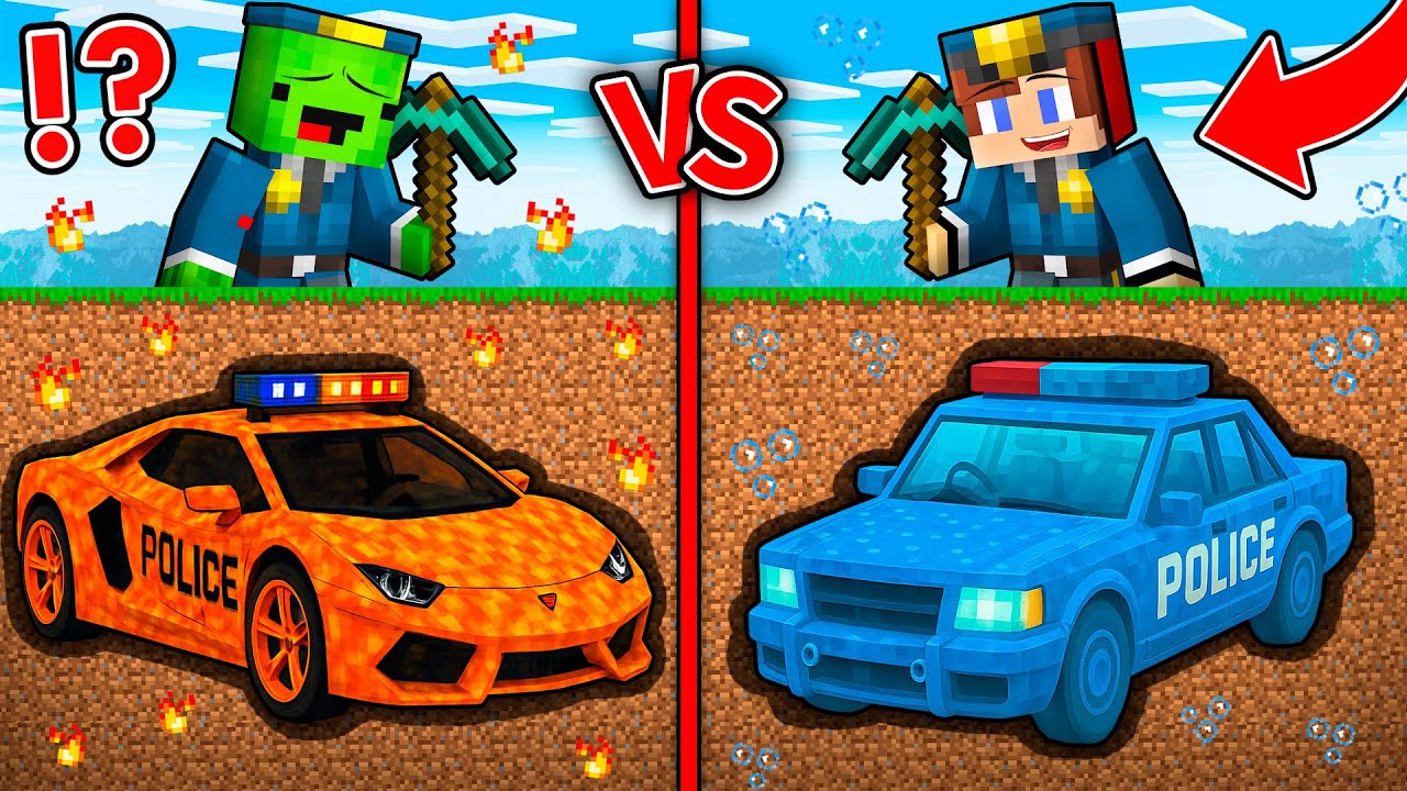 JJ and Mikey : LAVA vs WATER Police Car Mine Battle in Minecraft ! - Maizen