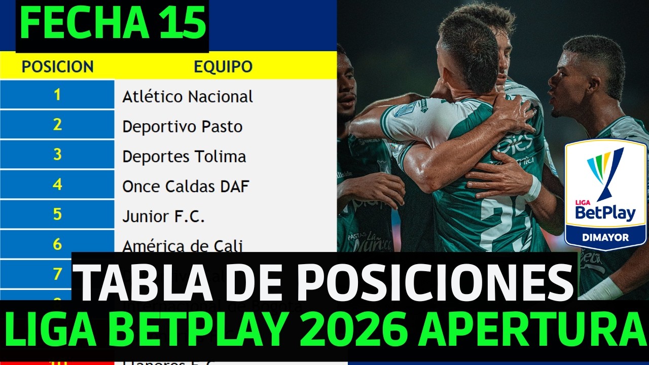 TABLA DE POSICIONES LIGA BETPLAY COLOMBIANA 2026 APERTURA FECHA 15 | JUNIOR 1-2 DEPORTIVO CALI