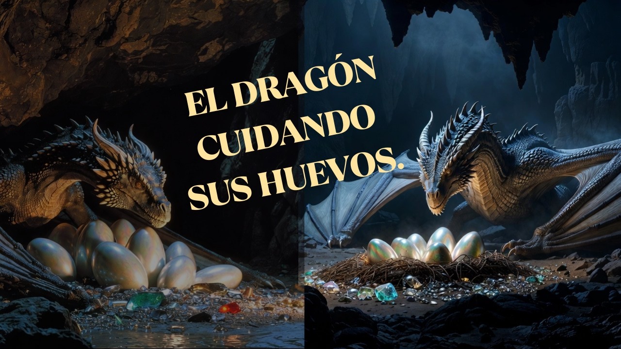 Creado con IA. El Dragón Cuidando sus Huevos.
