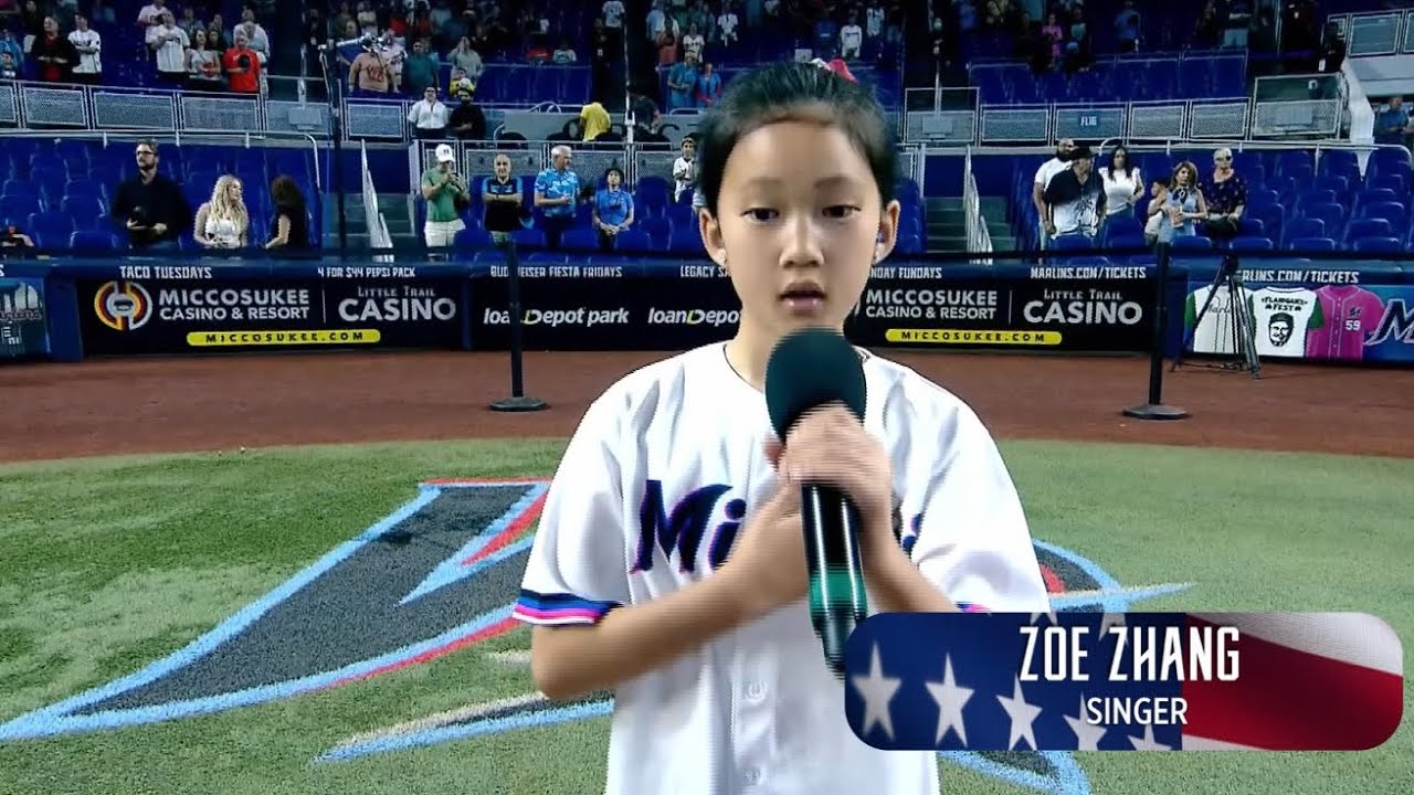 10-year-old Zoe Zhang performing National Anthem for MLB Miami Marlins 06/01/2025