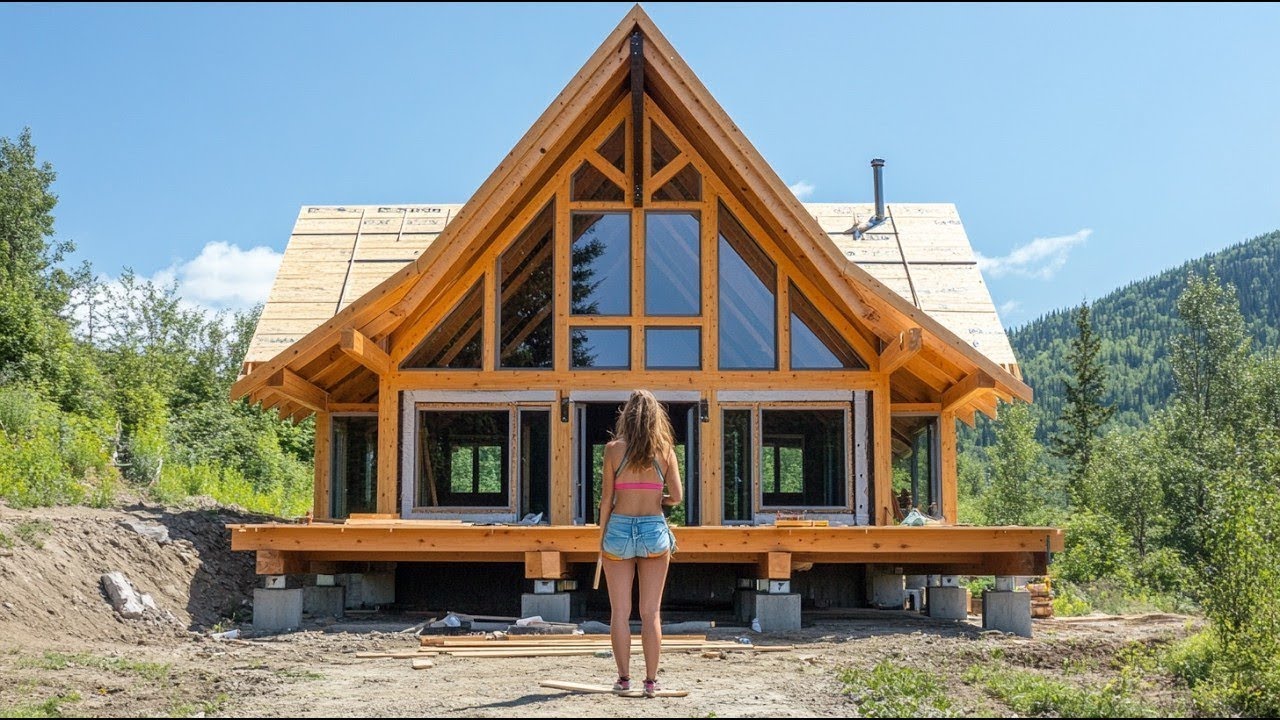 COUPLE builds A Complete Wooden House In The woods | start to finish