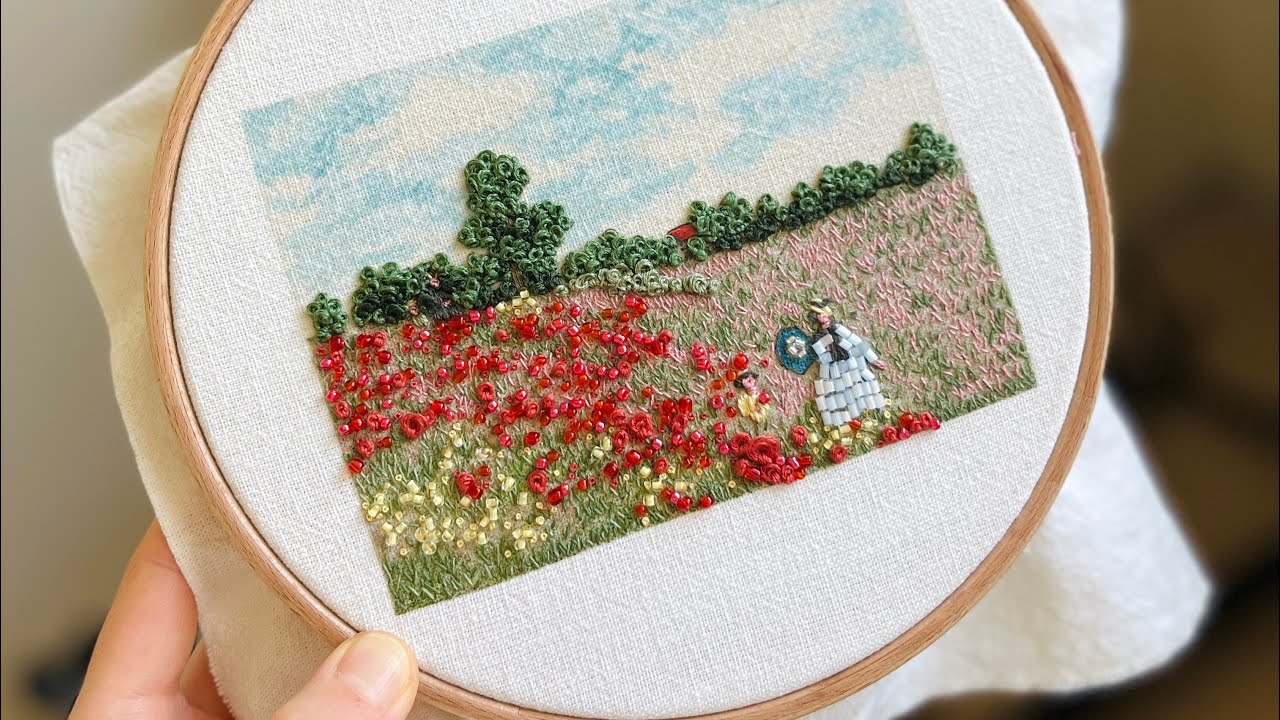 SUB] 모네의 양귀비 들판, 명화 프랑스 자수🎨 'Claude Monet, Poppy Field’ Hand Embroidery