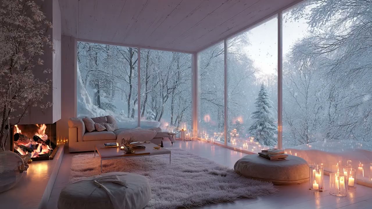 Cold Snow Wind Outside the Cabin Walls | Soft Fireplace Crackling Sounds for Deep Calm