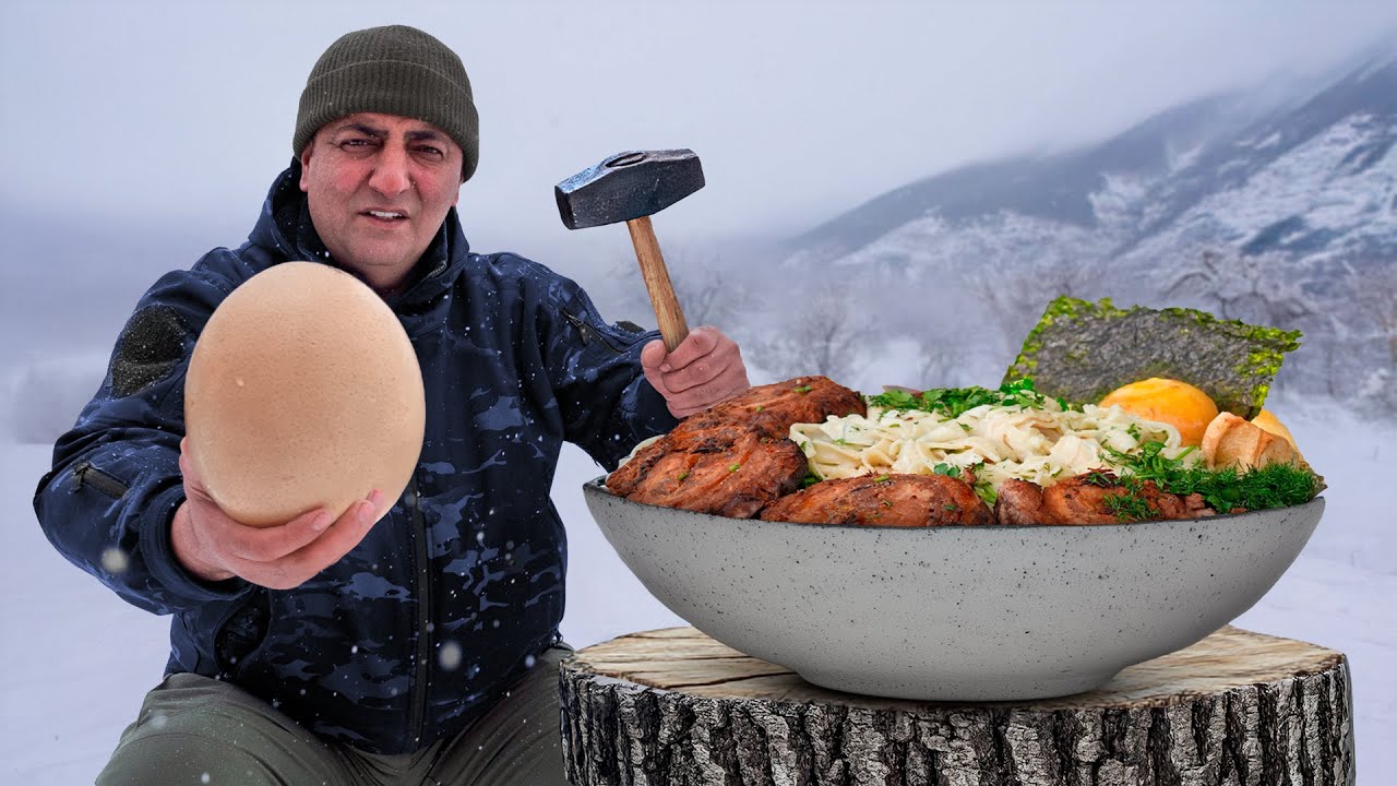 Giant Ramen Bowl with an Ostrich Egg 🍜🥚 Ultimate Outdoor Cooking