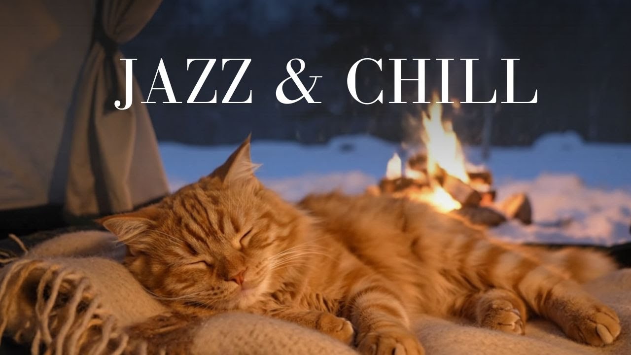 Warm Winter Jazz at a Quiet Snow Camp | Sleeping Cat & Campfire Glow