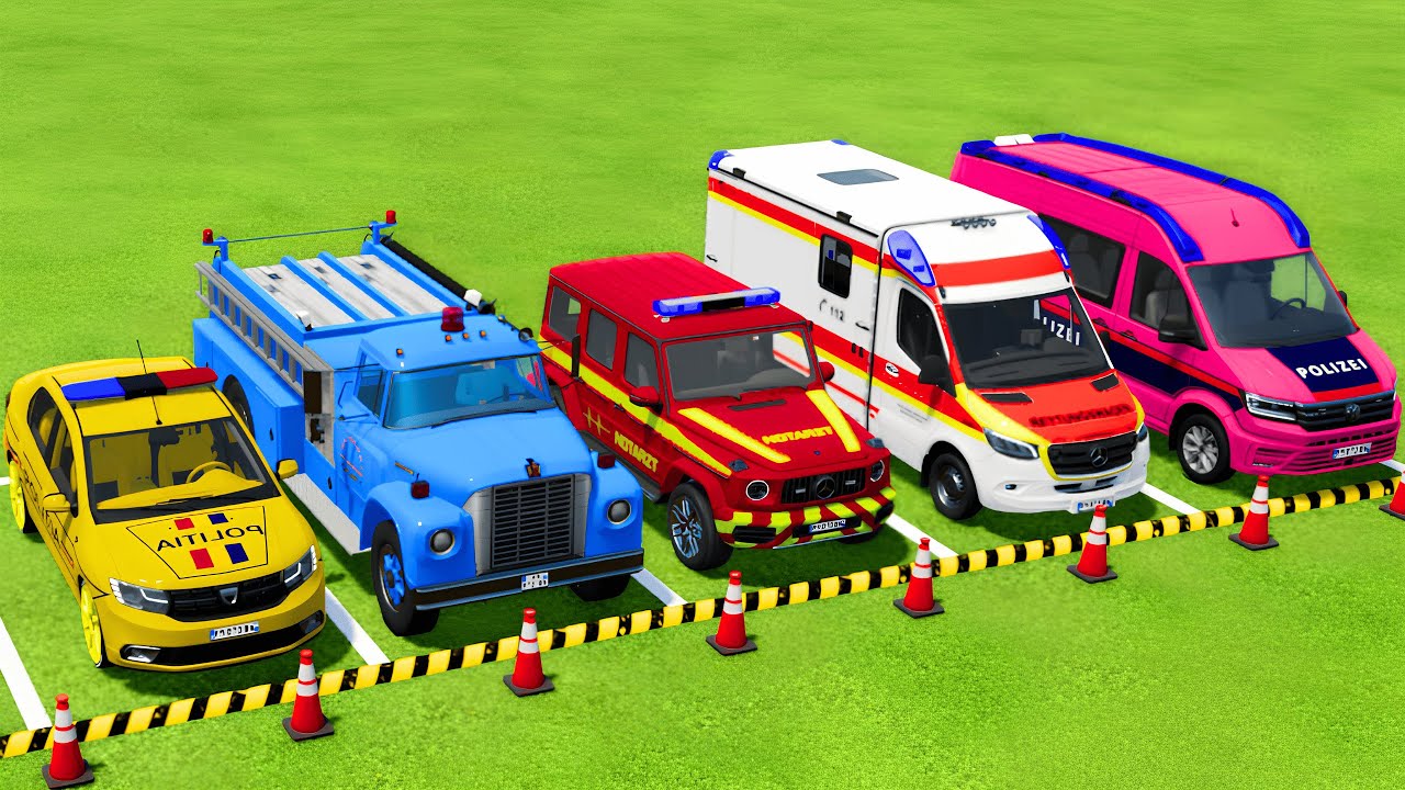TRANSPORTING POLICE CARS, FIRE DEPARTMENT, AMBULANCE VEHICLES WITH TRUCKS ! Farming Simulator 22