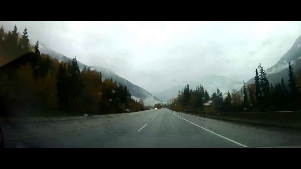 Driving on the Trans-Canada Highway in rain  from Revelstoke, BC to Banff, AB
