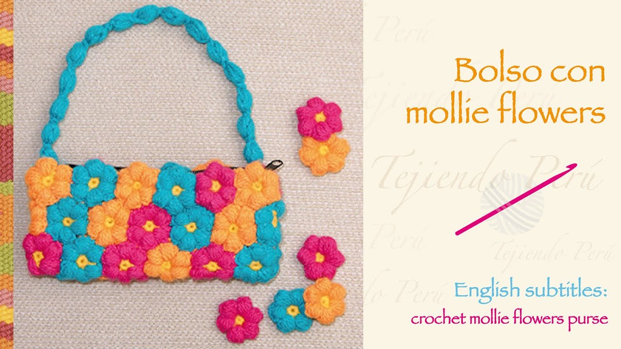 Bolso con mollie flowers tejidas a crochet