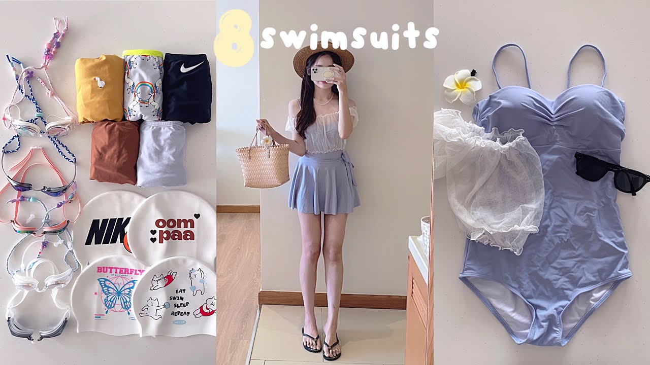 only 찐템만,,,ᐝ 5가지 실내 수영복+3가지 유교걸 수영복 👙 수모, 수경, 귀마개, 수영가방까지 다 털었다🫧 | 나이키 수영복, 졸린, 후그, 아레나 | 수경꾸미기