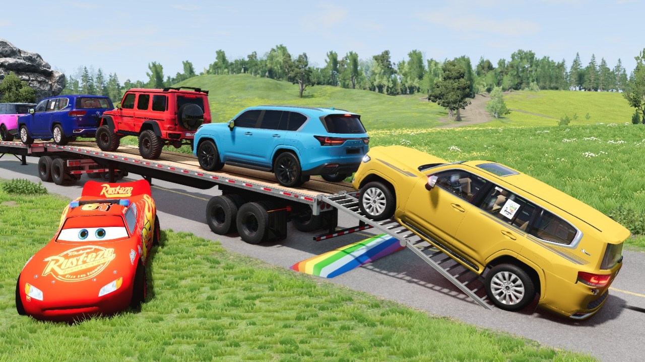 Flatbed Truck McQueen | Transportation with Truck - Pothole vs Car #23 | BeamNG.Drive Gameplay