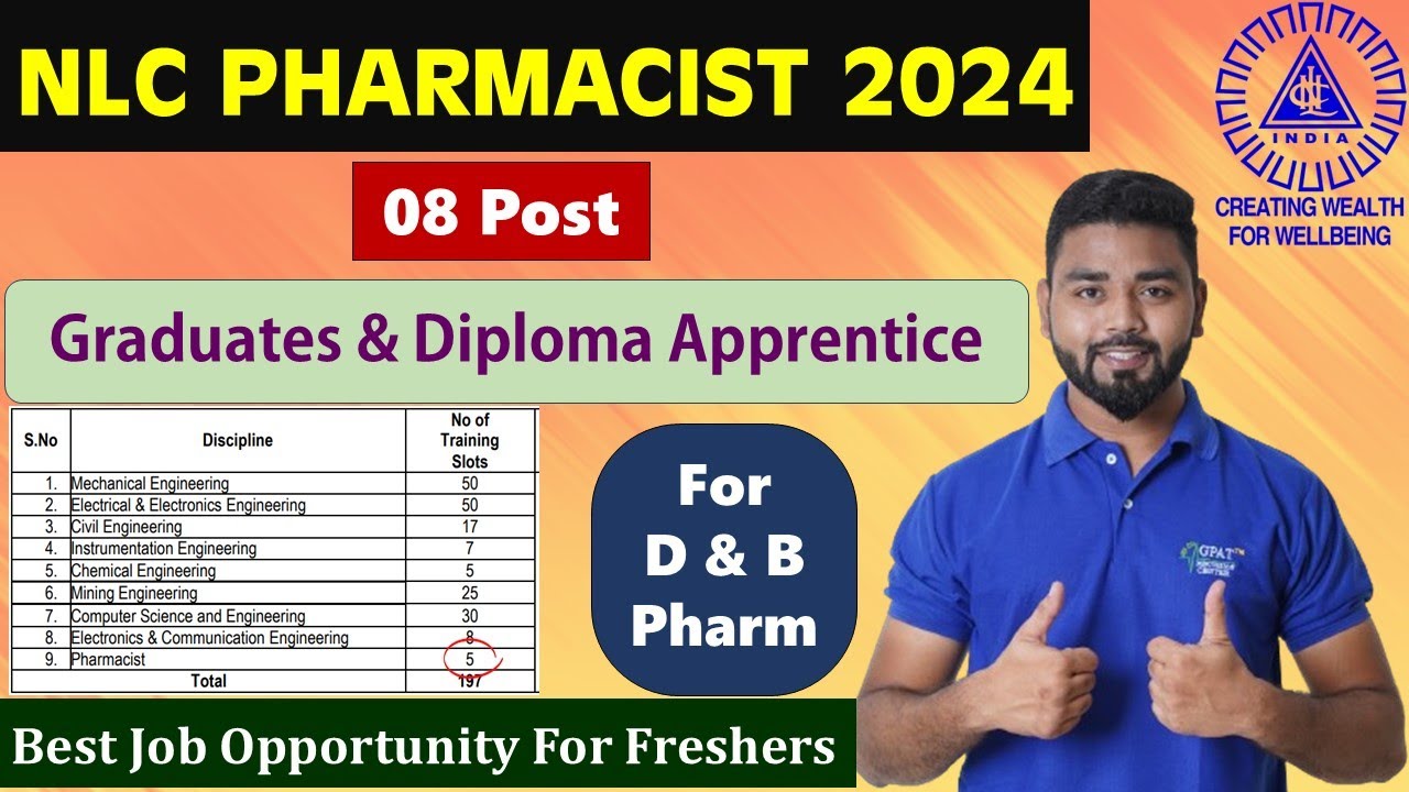 NLC India Limited | Pharmacist Job | 08 Post | B. Pharm & D. Pharm eligible | For Fresher candidates