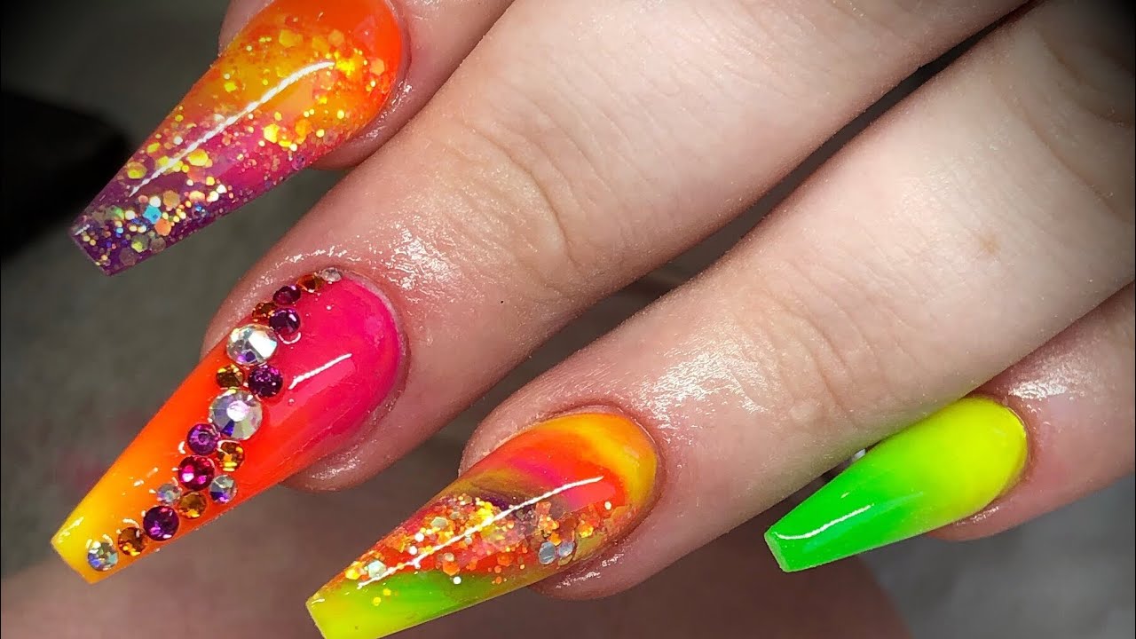 Acrylic nails - neon design set with glitter & crystals