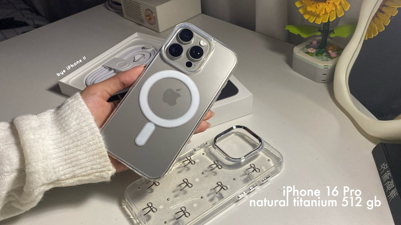 Natural Titanium iPhone 16 Pro 🩶 — unboxing, accessories, pink powerbank, set up! 🎀🦢