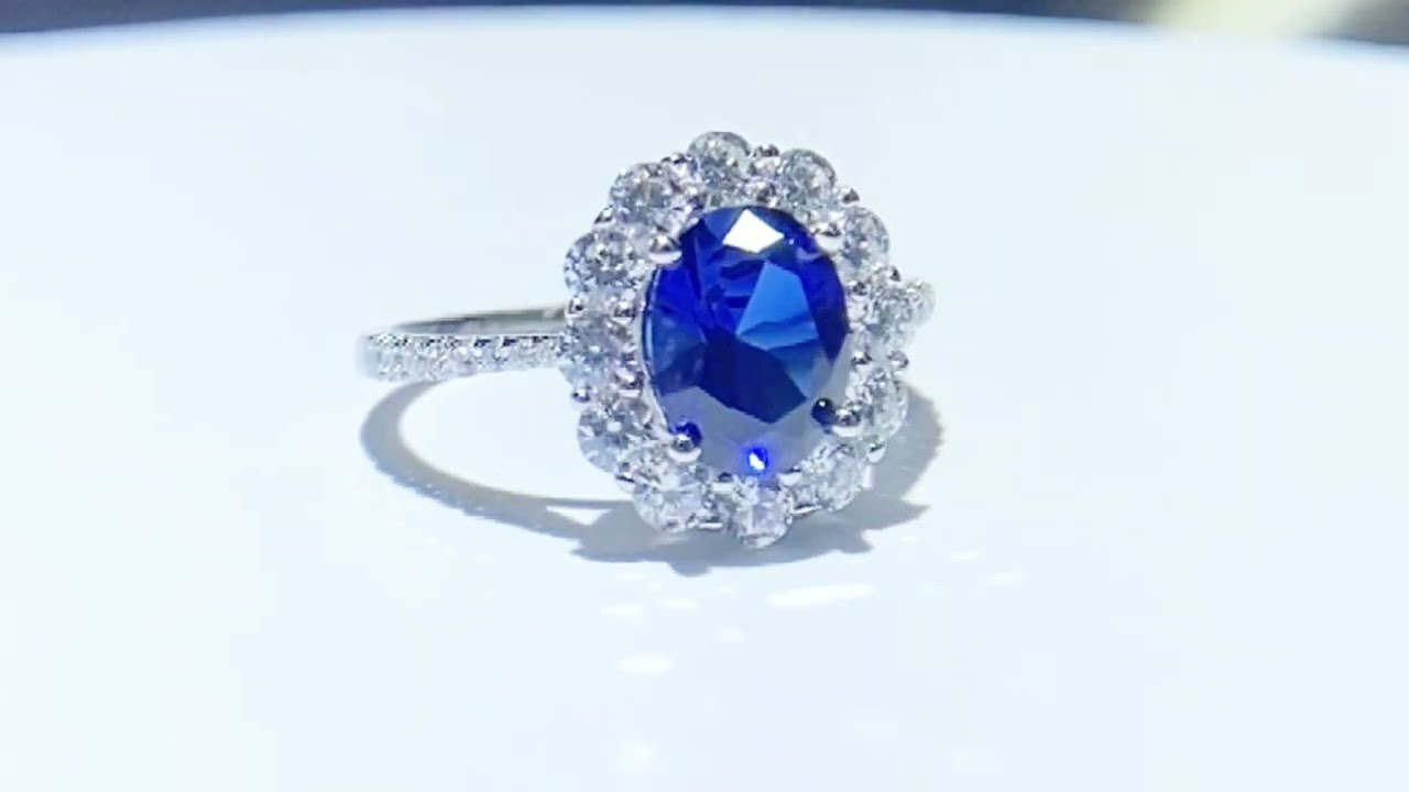 Oval Shaped Cut Sea Blue Sterling Silver Ring - Monarjew