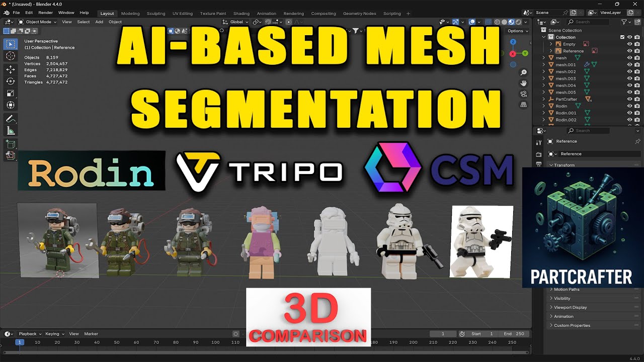 AI-Powered Mesh Segmentation of a LEGO Character - 3D Comparison  PartCrafter, Rodin, Tripo, and CSM