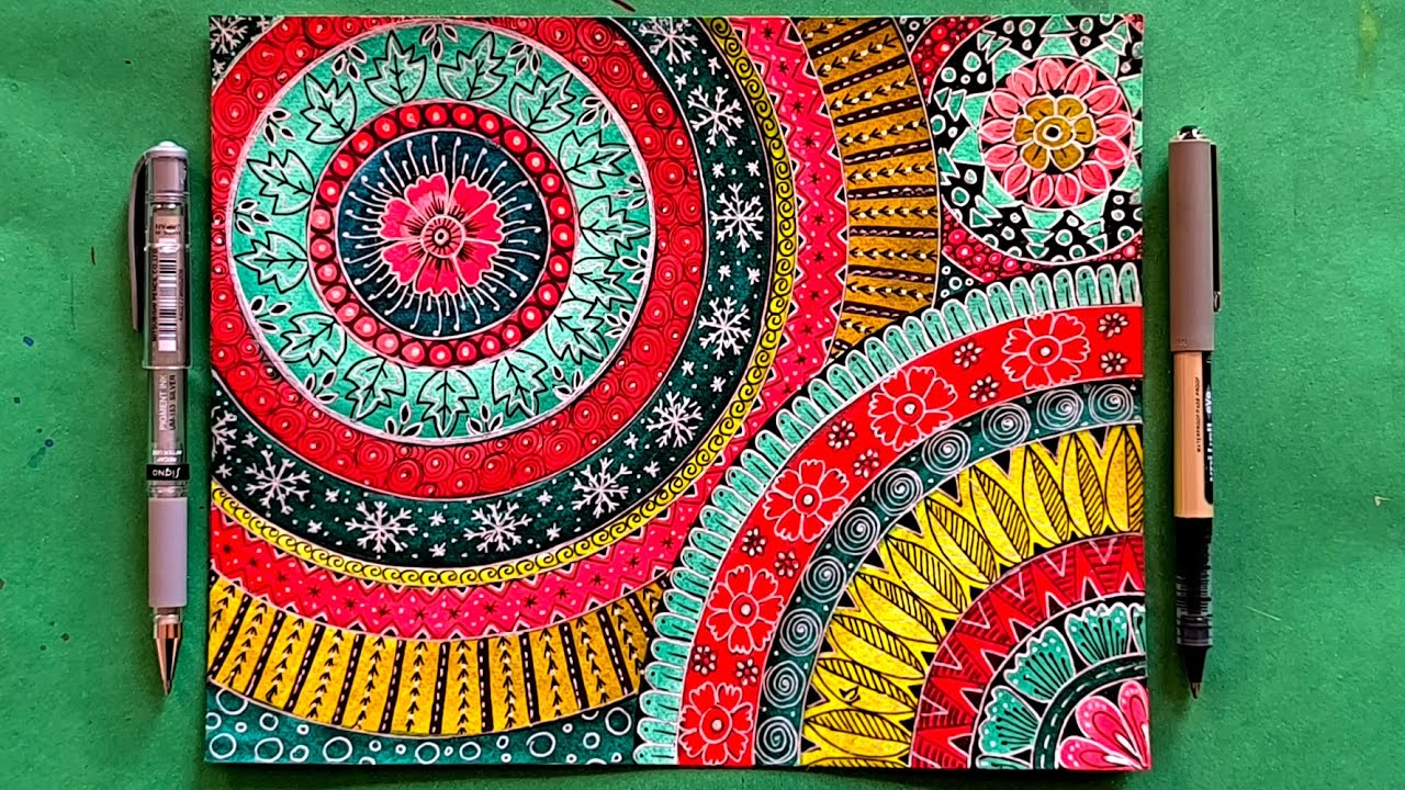 Green & Red Color Harmony | Circular Zentangle and Doodle Art