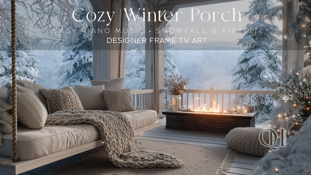 Cozy Winter Porch ❄️ Frame TV Flickering Fireplace, Snowfall Video 🎶 1 Hour of Relaxing Piano Music