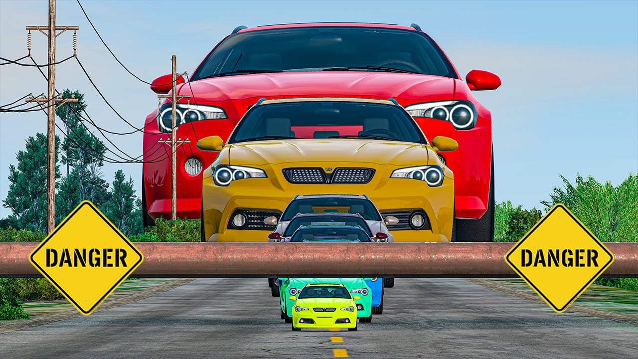 Big & Small Cars vs Low Pipes Crossing Road BeamNG.Drive