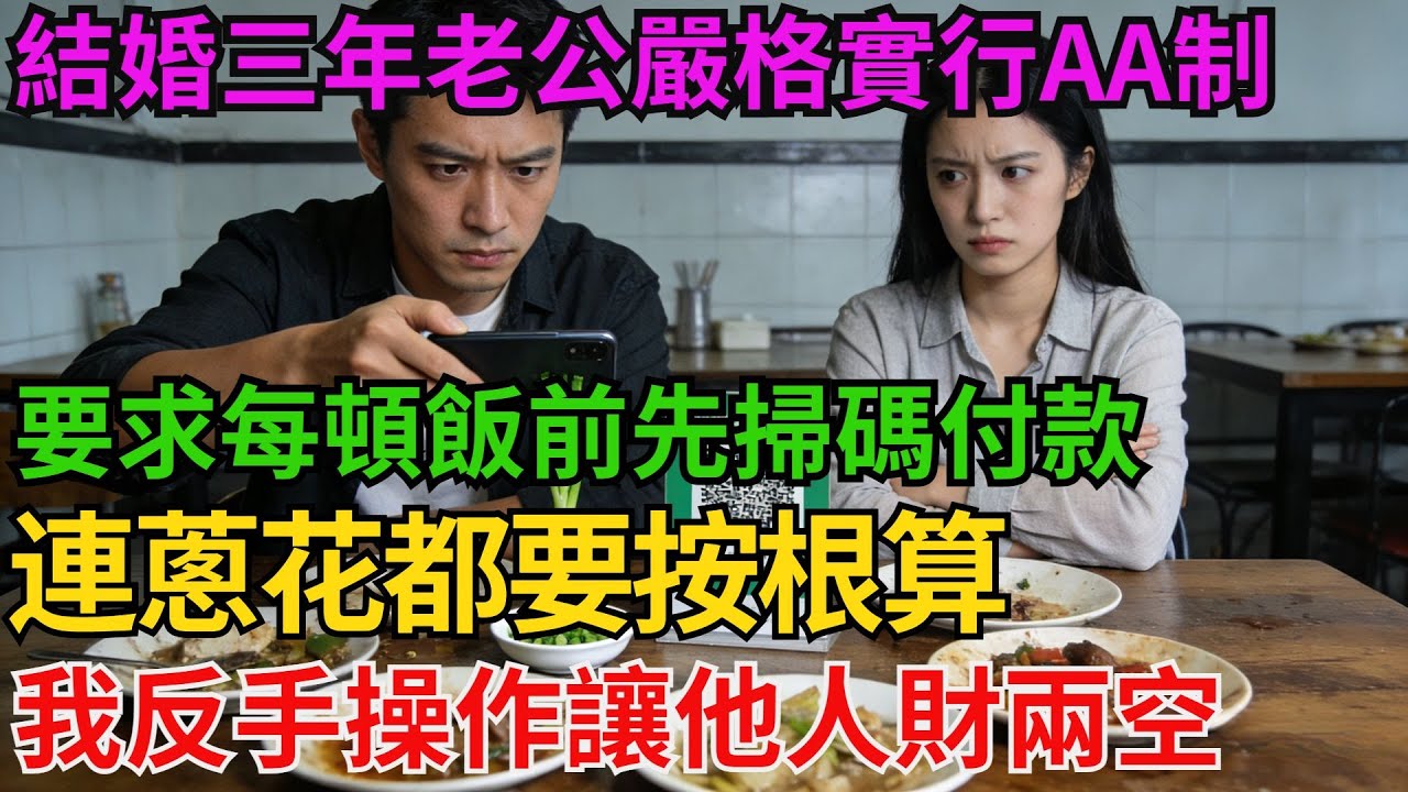 結婚三年老公嚴格實行AA製，要求每頓飯前先掃碼付款，連蔥花都要按根算！我直接收拾行李回娘家，我反手操作讓他人財兩空！【阿馨夜讀】#故事分享#情感#婆媳矛盾#AA制